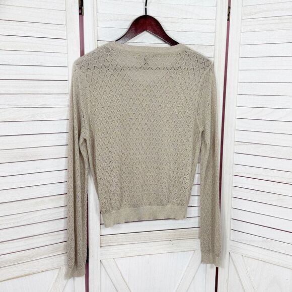 MNG Mango Pointelle Metallic Shimmer Button Up Cardigan Sweater Tan Gold Large - Picture 9 of 12